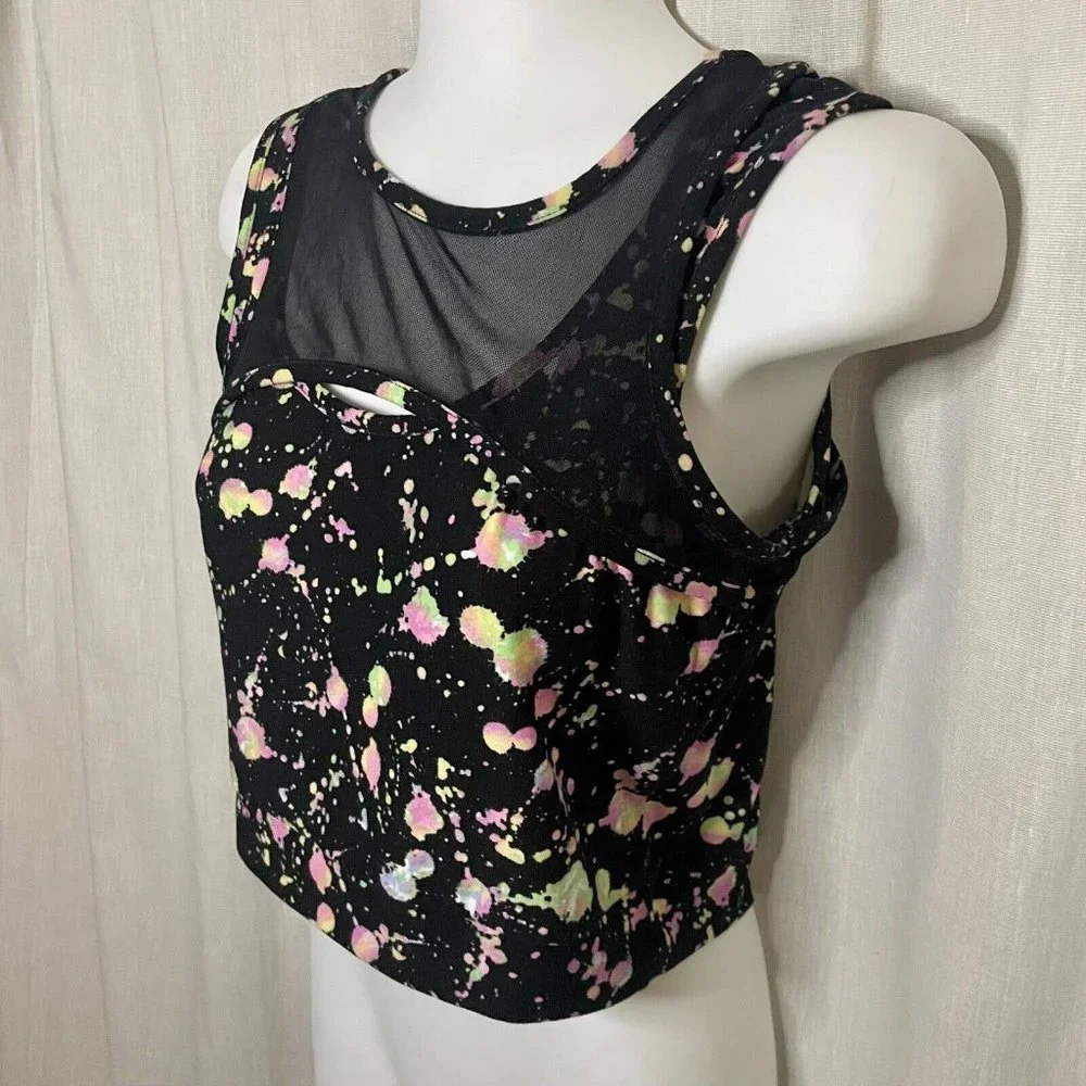 Feathers Women's Black & Neon Splatter Print Cropped Tank, Mesh & Fabric Sz S - Picture 10 of 10